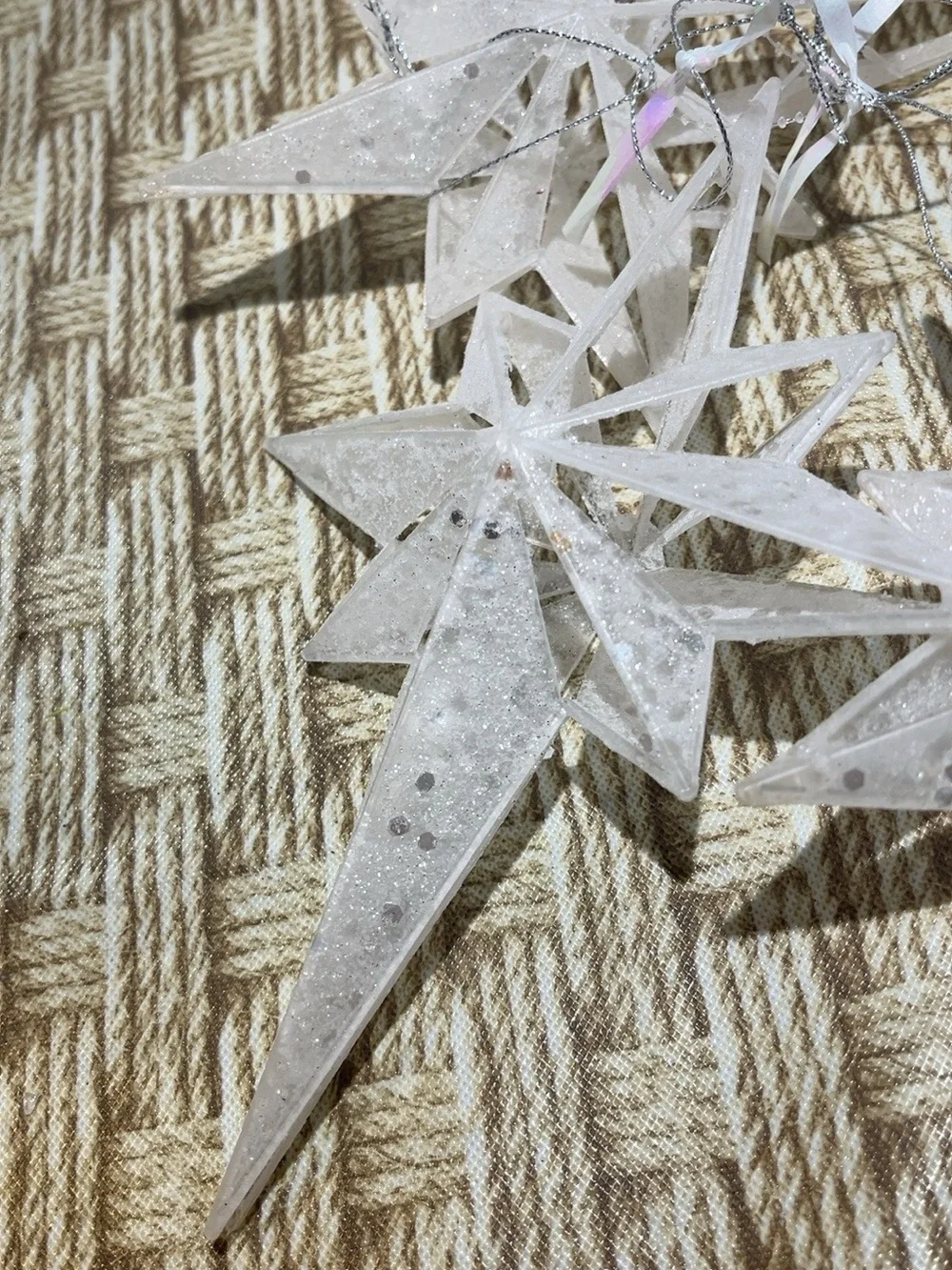 Lot of 6 Clear Acrylic Glitter Starburst Christmas Ornaments 8” Hanging Stars